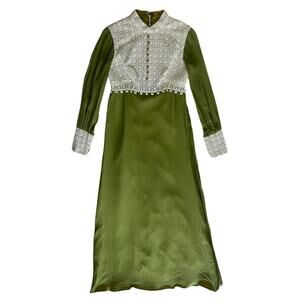 70s vintage prairie dress green crochet